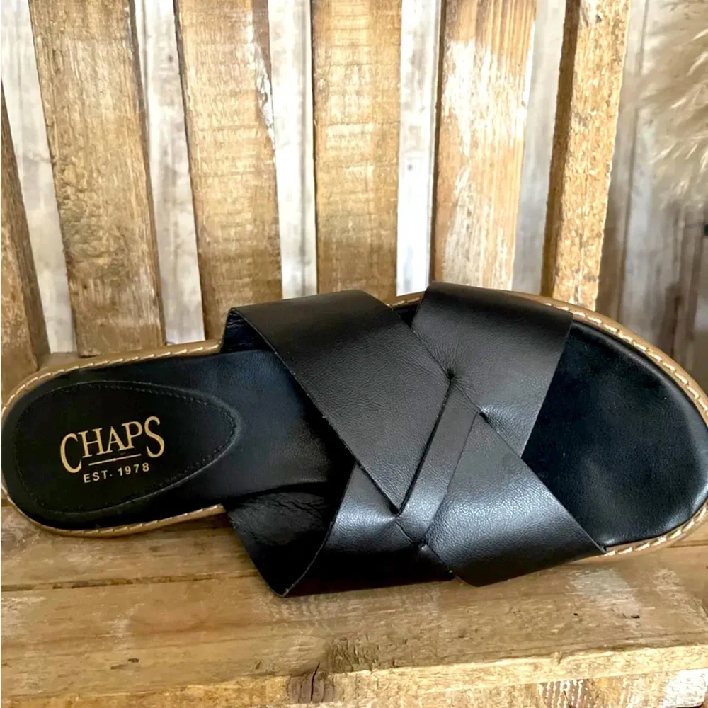 CHAPS Sz 8.5 Careless Black Open Toe Criss Cross Slide Wedge Sandals Open Box!